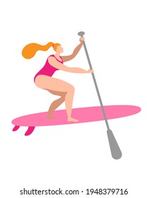 A girl in a swimsuit with a paddle stands on a surfboard. Isolated vector illustration in a flat style.