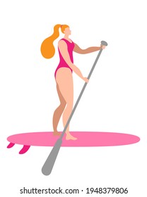 A girl in a swimsuit with a paddle stands on a surfboard. Isolated vector illustration in a flat style.