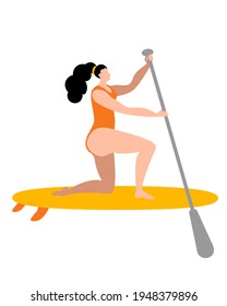 A girl in a swimsuit with a paddle stands on a surfboard. Isolated vector illustration in a flat style.