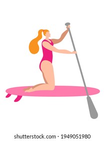 A girl in a swimsuit with a paddle stands on a surfboard. Isolated vector illustration in a flat style.