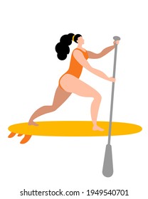 A girl in a swimsuit with a paddle stands on a surfboard. Isolated vector illustration in a flat style.