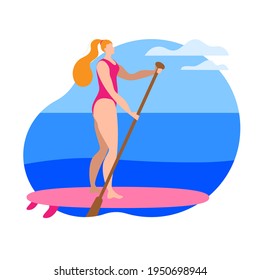 A girl in a swimsuit with a paddle stands on a surfboard. Isolated vector illustration in a flat style.