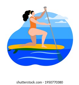 A girl in a swimsuit with a paddle stands on a surfboard. Vector icon in a flat style on the theme of surfing.