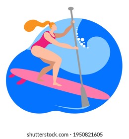 A girl in a swimsuit with a paddle stands on a surfboard. Vector icon in a flat style on the theme of paddle boarding.