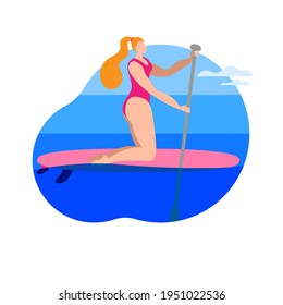 A girl in a swimsuit with a paddle stands on a surfboard. Vector icon in a flat style on the theme of surfing.