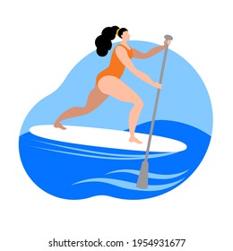 A girl in a swimsuit with a paddle stands on a surfboard. Vector icon in a flat style on the theme of paddle boarding.