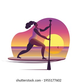 A girl in a swimsuit with a paddle stands on a surfboard. Vector icon or sticker in a flat style on the theme of surfing.