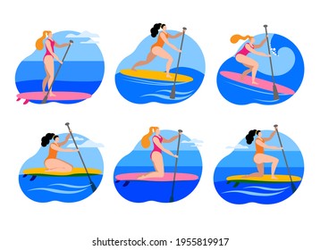 A girl in a swimsuit with a paddle stands on a surfboard. A set of Vector icons or stickers in a flat style on the theme of paddle surfing.