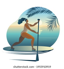 A girl in a swimsuit with a paddle stands on a surfboard. Vector icon or sticker in a flat style on the theme of surfing.