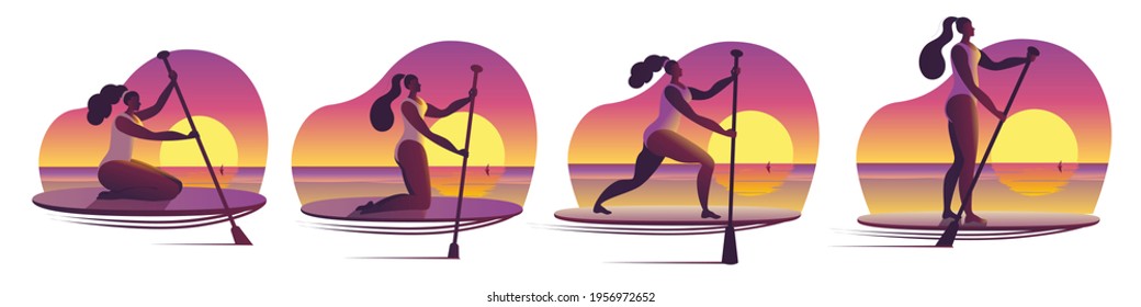 A girl in a swimsuit with a paddle stands on a surfboard. A set of Vector icons or stickers in a flat style on the theme of paddle surfing.