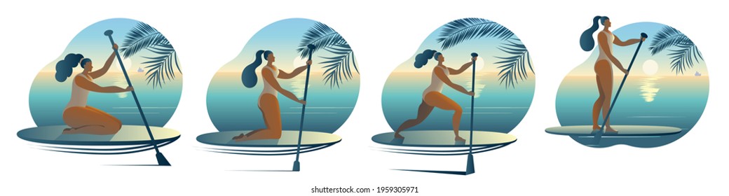 A girl in a swimsuit with a paddle stands on a surfboard. A set of Vector icons or stickers in a flat style on the theme of paddle surfing.