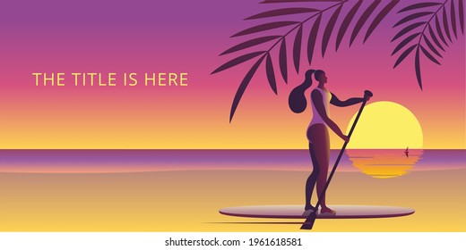 A girl in a swimsuit with a paddle stands on a surfboard. Horizontal banner template.