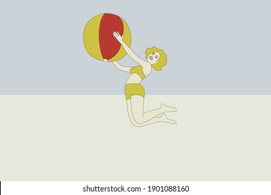 Girl in a swimsuit plays ball. Beach volleyball