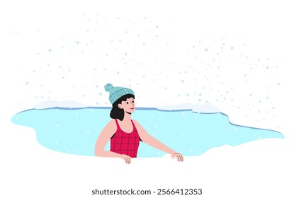 A girl in a swimsuit plunges into ice water in winter. Hand drawn vector illustration. Snowy day in hot springs. New impressions, extreme relaxation, care for health and longevity.