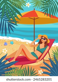 A girl in a swimsuit relaxes on the beach under an umbrella. Summer time. Summer poster, banner, card. Holidays by the sea, relaxation, vacation concept. 