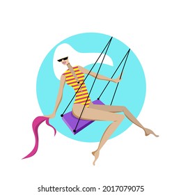 Сute girl in swimsuit riding swing. flat vector illustration.