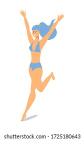 Girl in a swimsuit runs to the sea. Isometric character