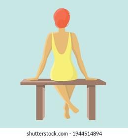 A girl in a swimsuit sits on a bench. Summer concept. Young beautiful woman's back. Red-haired girl. Flat vector color illustration.