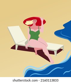 Una chica con traje de baño está sentada en una cama de sol. Playa cerca del océano. Chica con un traje de baño verde y un sombrero rojo. Ilustración vectorial.