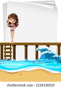 A girl in swimsuit standing on wooden pier illustration