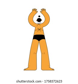 A girl in a swimsuit stands with her back to the viewer vector illustration. Girl standing in black swimsuit. Happy summer stock vector illustration with woman isolated on a white background.