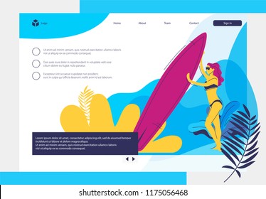 Girl in a swimsuit and sunglasses on the beach, holding a surfboard.The main landing page of the website