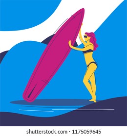 Girl in a swimsuit and sunglasses on the beach, holding a surfboard