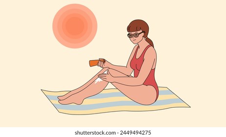 Girl in a swimsuit and sunglasses with sunscreen on the beach. A woman applies sun cream to her legs for a safe tan. Vector illustration isolated on yellow background in flat style