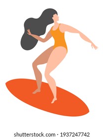 A girl in a swimsuit is surfing on a board. Isolated vector illustration in a flat style.