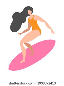 A girl in a swimsuit is surfing on a board. Isolated vector illustration in a flat style.