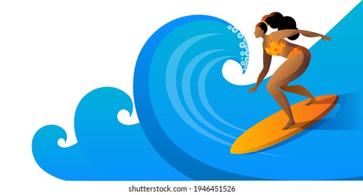A girl in a swimsuit surfing on a board. Horizontal banner template.