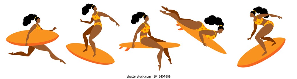 A girl in a swimsuit is surfing. A set of vector isolated images with a surfer girl.