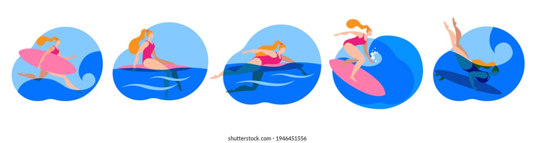 A girl in a swimsuit surfing. A set of Vector icons in a flat style with surfing theme.