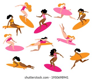 A girl in a swimsuit is surfing. A set of vector isolated images with a surfer girl.