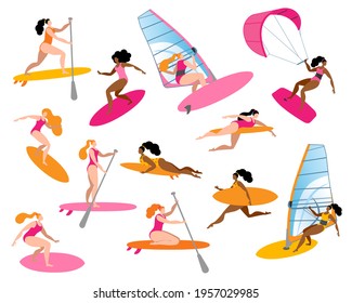 A girl in a swimsuit is surfing. A set of vector isolated images with a surfer girl.