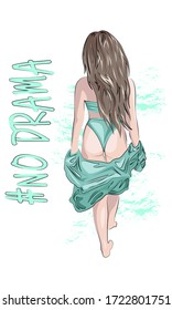 Girl in swimsuit. Typographic slogan. Illustration on a white background.
