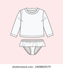 girl swimwear, kids swimwear, beachwear, jams, maillot, thong, trunks, two-piece flat sketch illustration