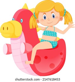 Girl in swimwear next to inflatable dinosaur illustration