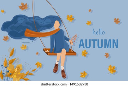 Chica en una tarjeta oscilante de otoño estilo Vector plano. Afiche de la temporada de otoño