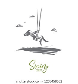 Girl, swing, childhood, fun, play concept. Hand drawn girl swinging outdoors and having fun concept sketch. Isolated vector illustration.