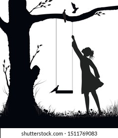 girl and swing silhouette, childhood memories in summer day, pigeons on the swing, black and white, shadows