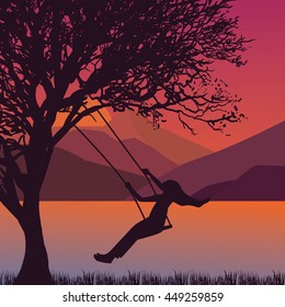 girl swing in tree near lake during sunset enjoy time moment  silhouette