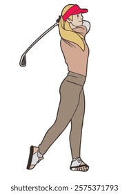 A girl swinging golf club in sporty pose, showcasing athleticism and focus