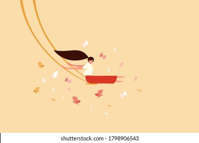 A Girl Swinging High In The Sky With Butter Flies In The Background