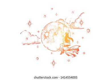 Girl swinging in night sky, dreaming person, mindfulness, loneliness and freedom metaphor