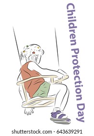 The girl is swinging on a child's swing. Inscription Children Protection Day. Color pencil drawing on the theme of Children's Day.