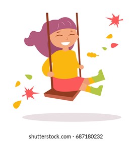 Girl swinging on a swing in autumn. Isolated art on white background. Vector. Cartoon. Flat