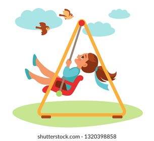 girl swinging on a swing and looking up at the birds