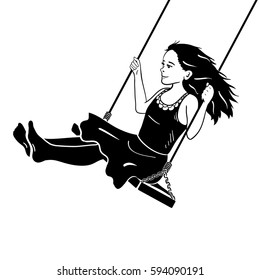 Girl swinging on a swing, vector design element. Monochrome illustration of a black  silhouette on a white background.