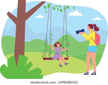 Girl swinging. Romantic photo shoot of beauty portrait. Vector illustration